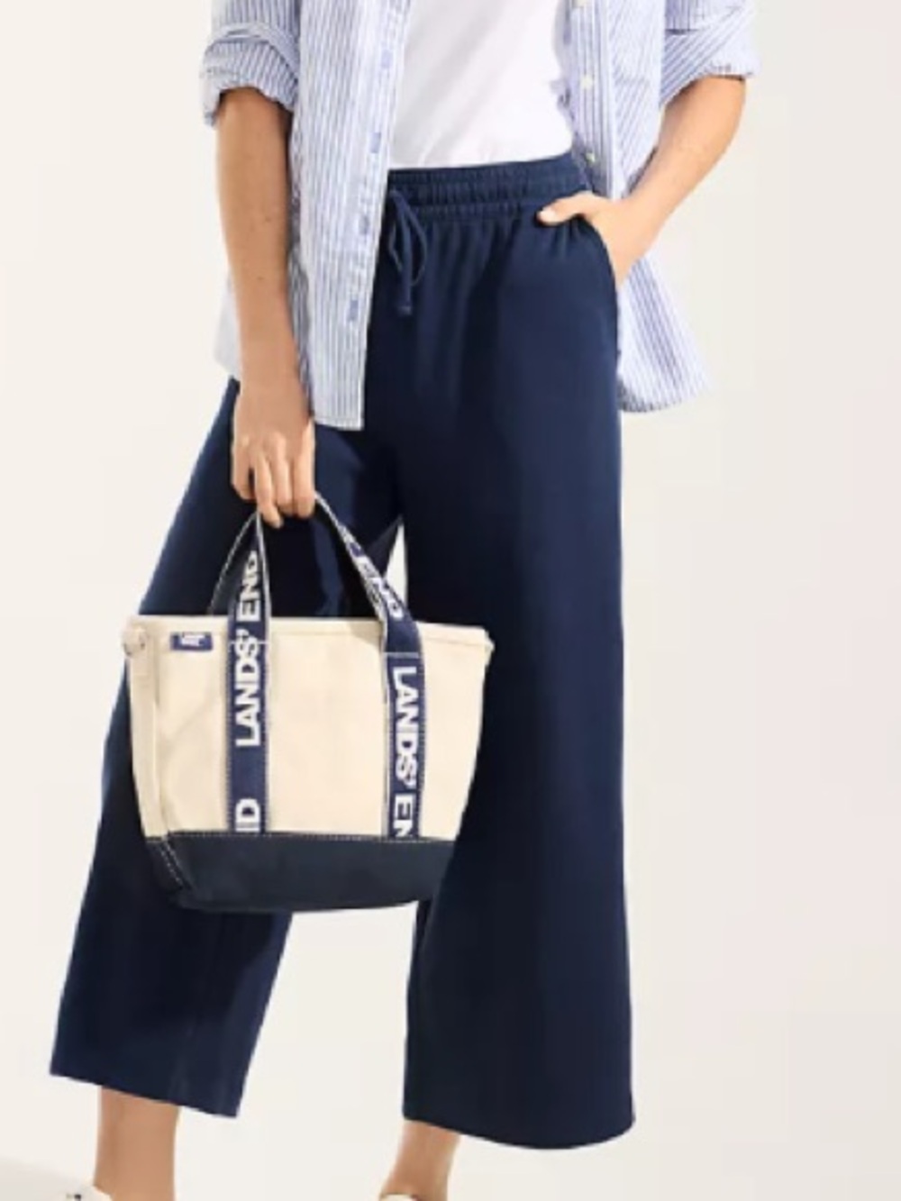 Lands’ End Women Sport Knit Elastic Waist Wide Leg Crop Pants, Navy, Large, NWT